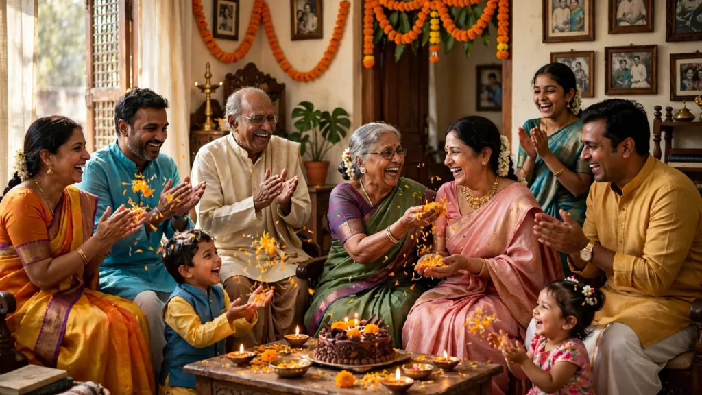 Marathi family cutting birthday cake at home celebration