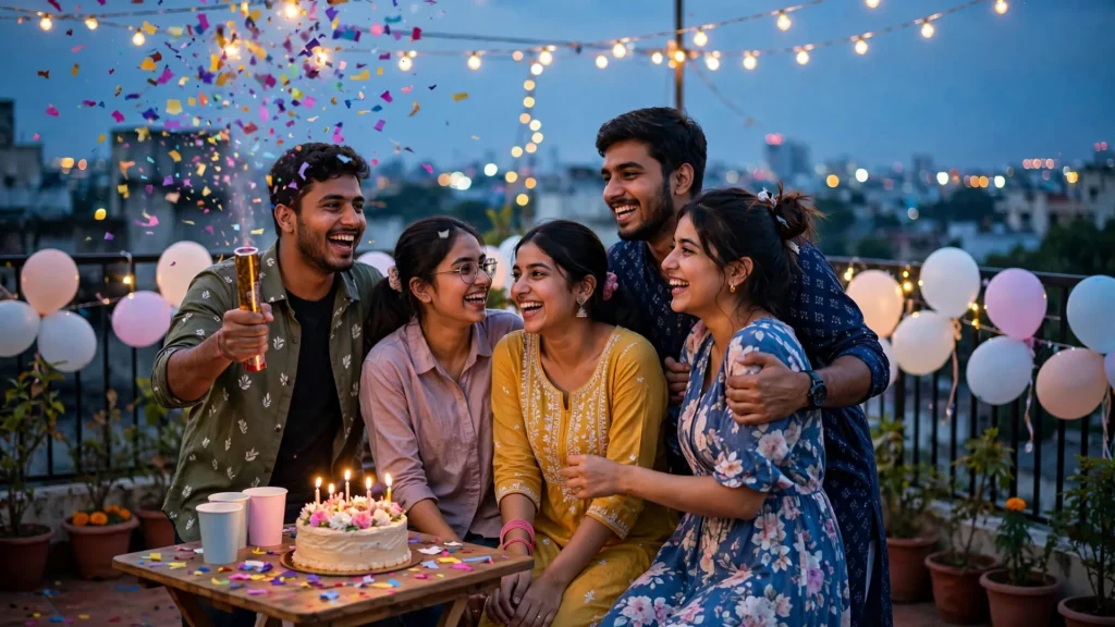 Group of friends celebrating birthday with cake and confetti on a rooftop terrace