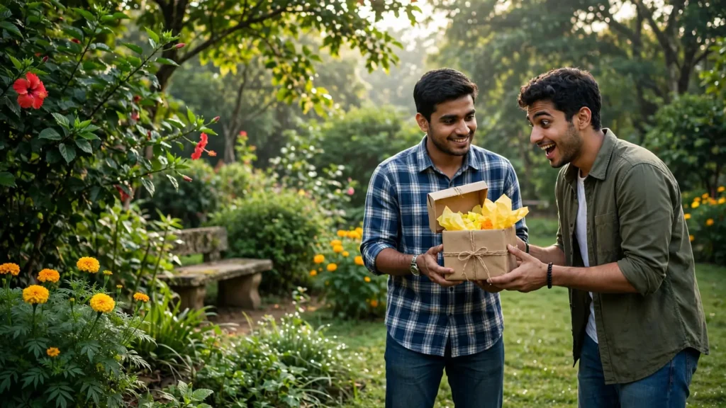 Friend giving a birthday gift box to his friend in a garden