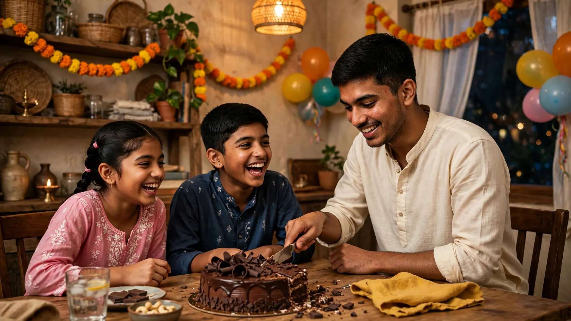 Elder brother cutting a chocolate birthday cake with his younger siblings at home