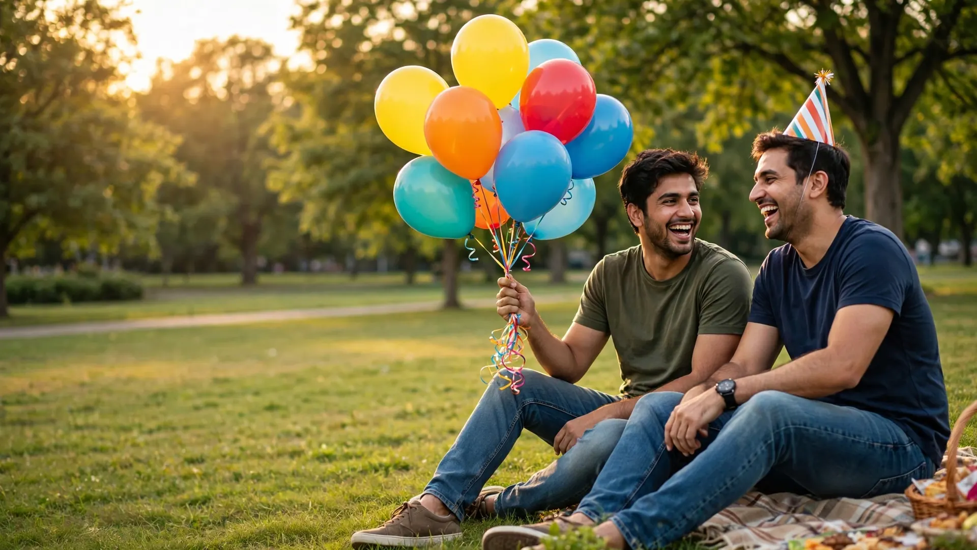 Two brothers laughing together with colorful balloons at a park picnic