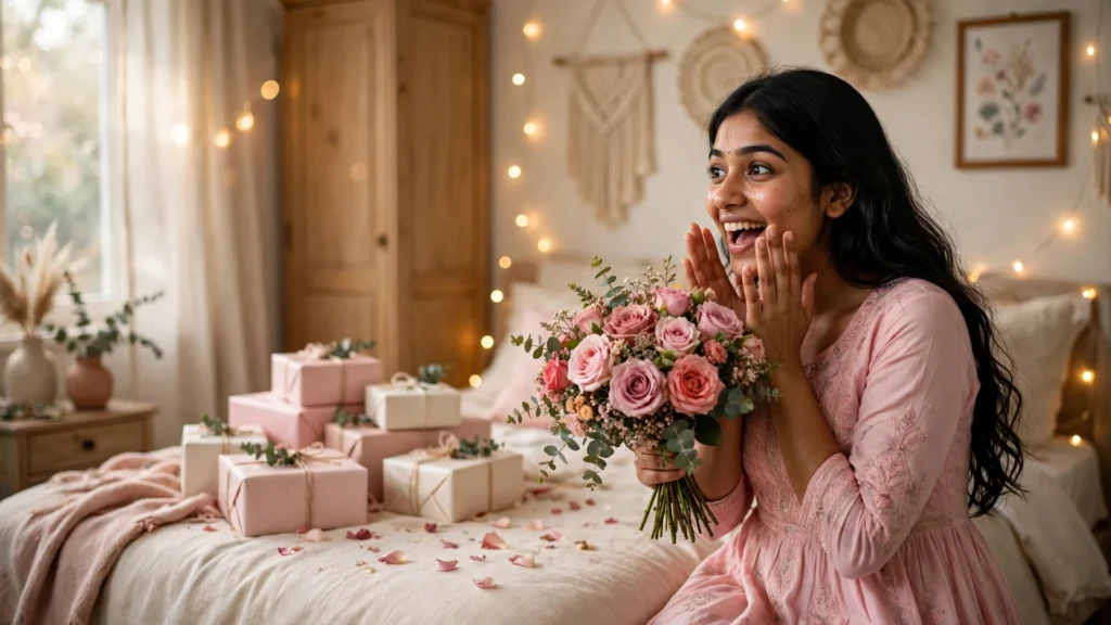 Joyful young woman holding pink rose bouquet with birthday gifts on decorated bed