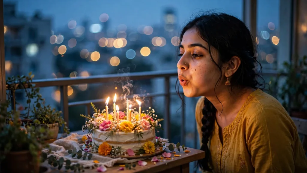 Young woman blowing out candles on flower decorated birthday cake at dusk