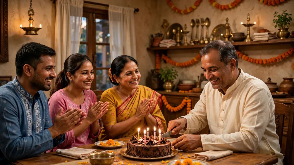 Father cutting chocolate birthday cake with family clapping in traditional Indian home