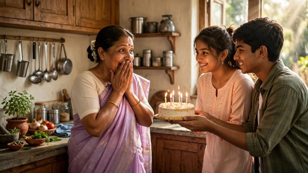 Mother celebrating birthday with family and flowers