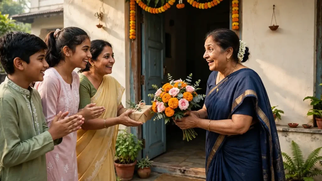 Niece giving birthday flowers to smiling aunt at home